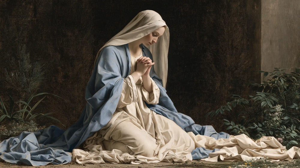 the Virgin Mary in prayer in Florentine Renaissance style, landscape Christian artwork no. 11