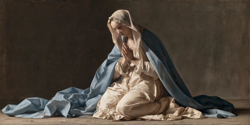 the Virgin Mary in prayer in Florentine Renaissance style, landscape Christian artwork no. 20