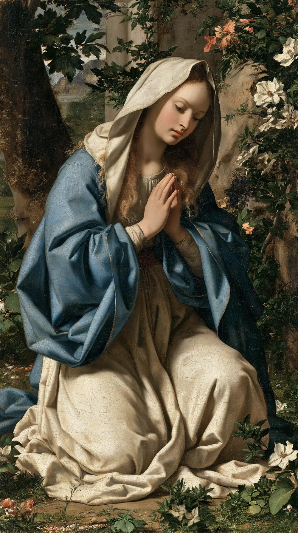 the Virgin Mary in prayer in Florentine Renaissance style, portrait Christian artwork no. 29