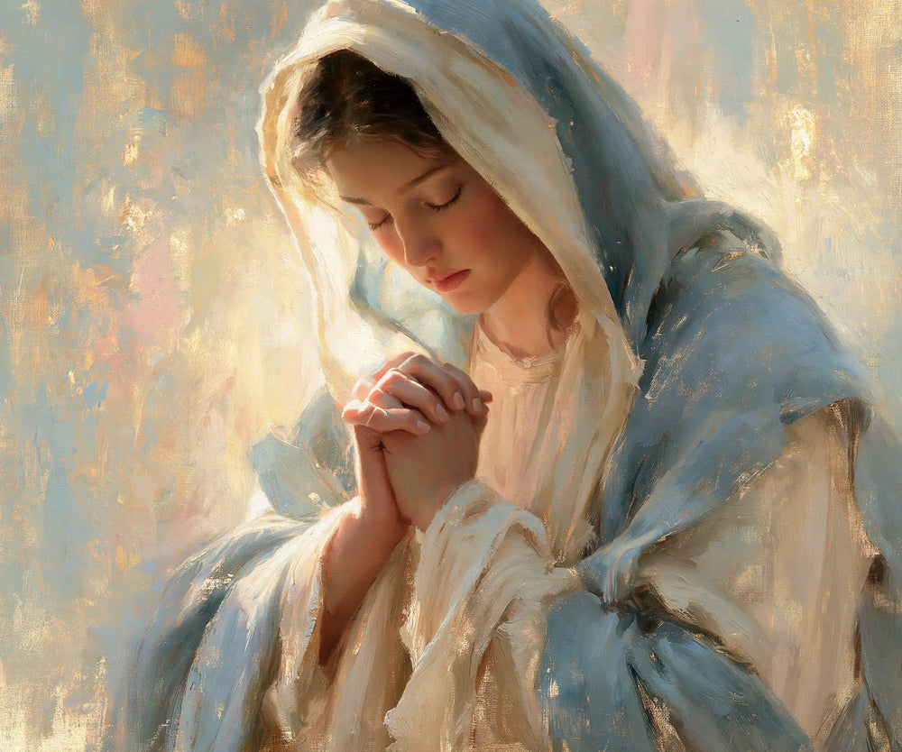 the Virgin Mary in prayer in Impressionist style, landscape Christian artwork no. 1