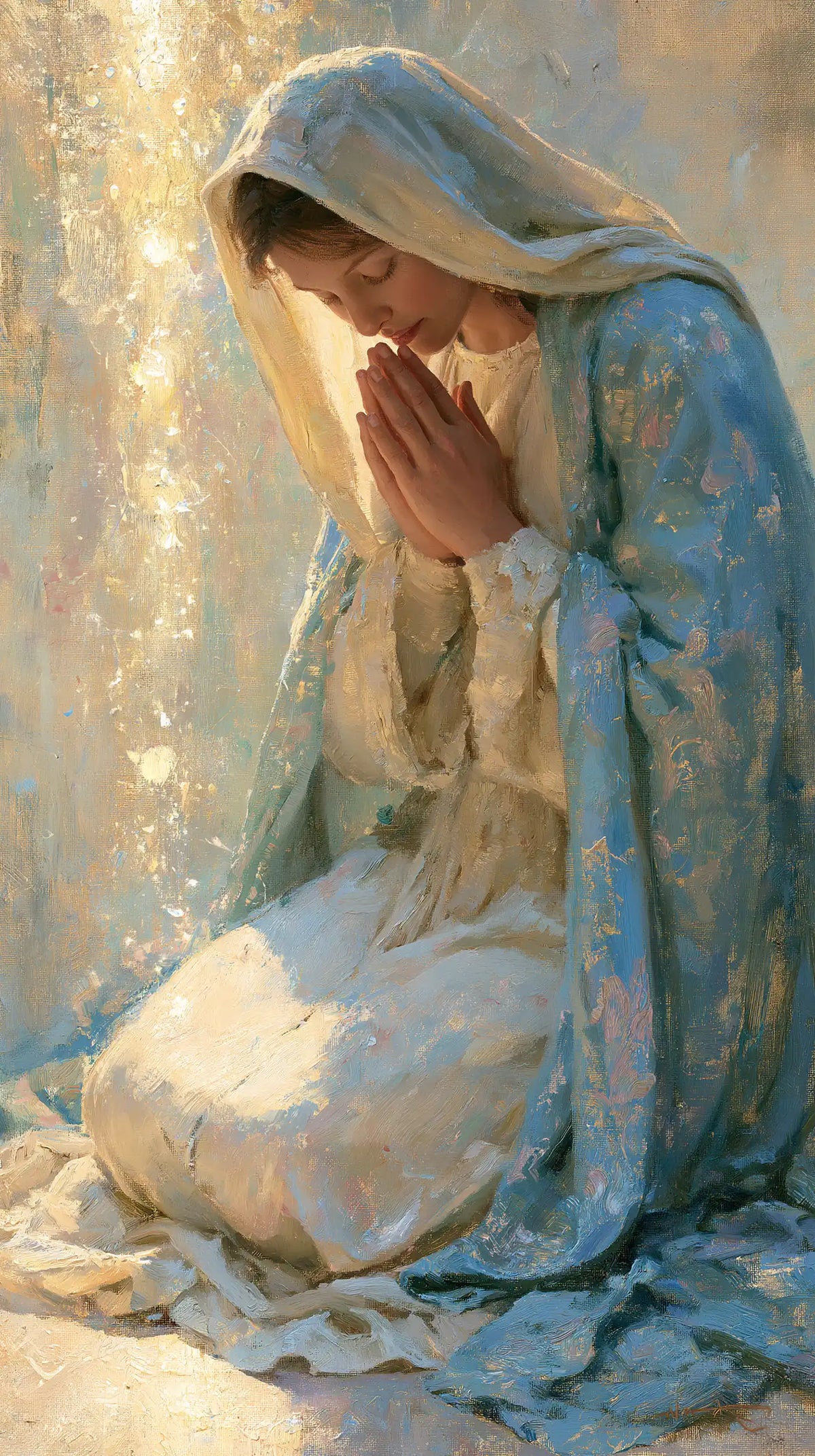 the Virgin Mary in prayer in Impressionist style, portrait Christian artwork no. 7