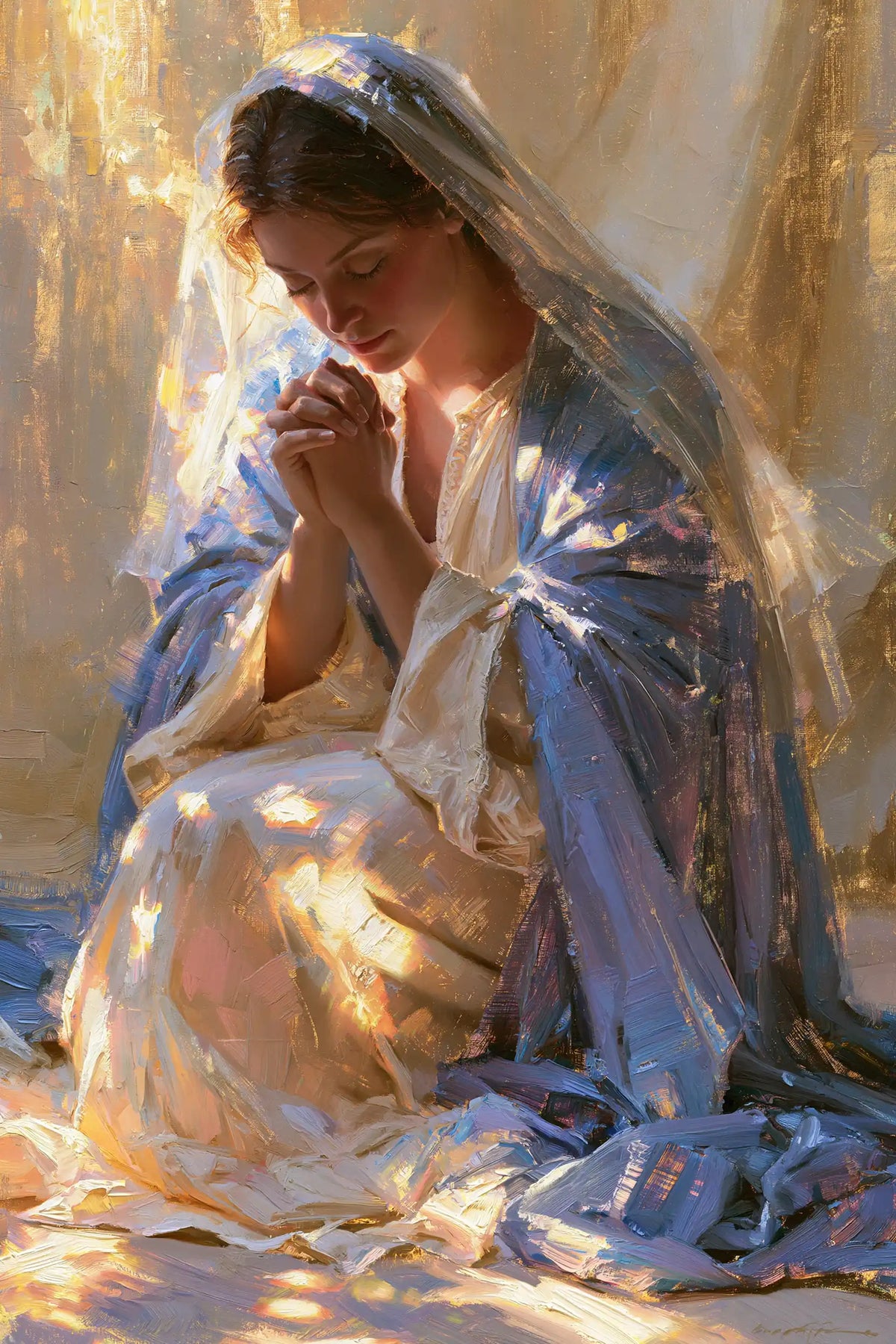 the Virgin Mary in prayer in Impressionist style, portrait Christian artwork no. 9