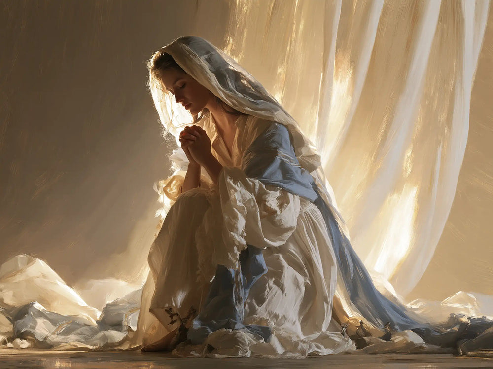 the Virgin Mary praying in a biblical-era interior in Mary in a Biblical Interior style, landscape Christian artwork no. 3