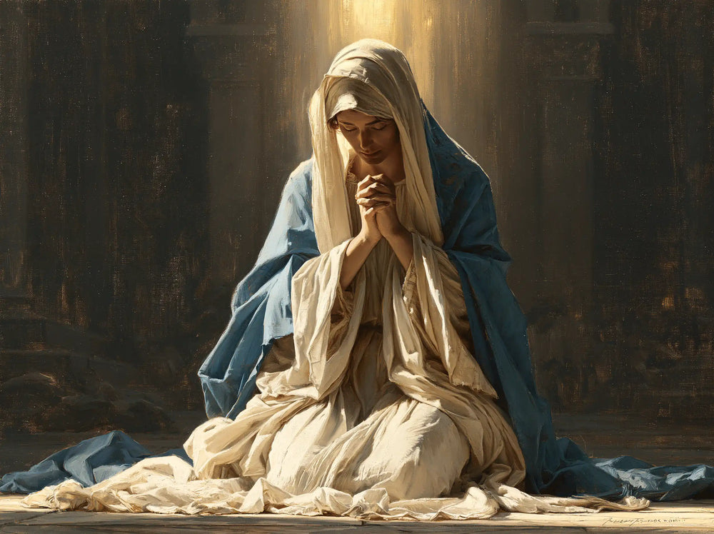 the Virgin Mary praying in a biblical-era interior in Mary in a Biblical Interior style, landscape Christian artwork no. 7