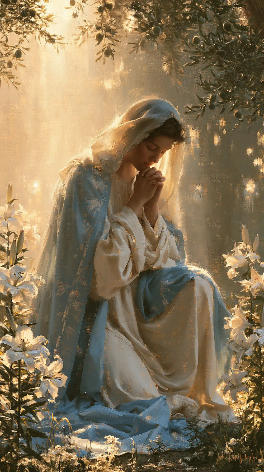 the Virgin Mary praying in a biblical-era interior in Mary in a Biblical Interior style, portrait Christian artwork no. 5