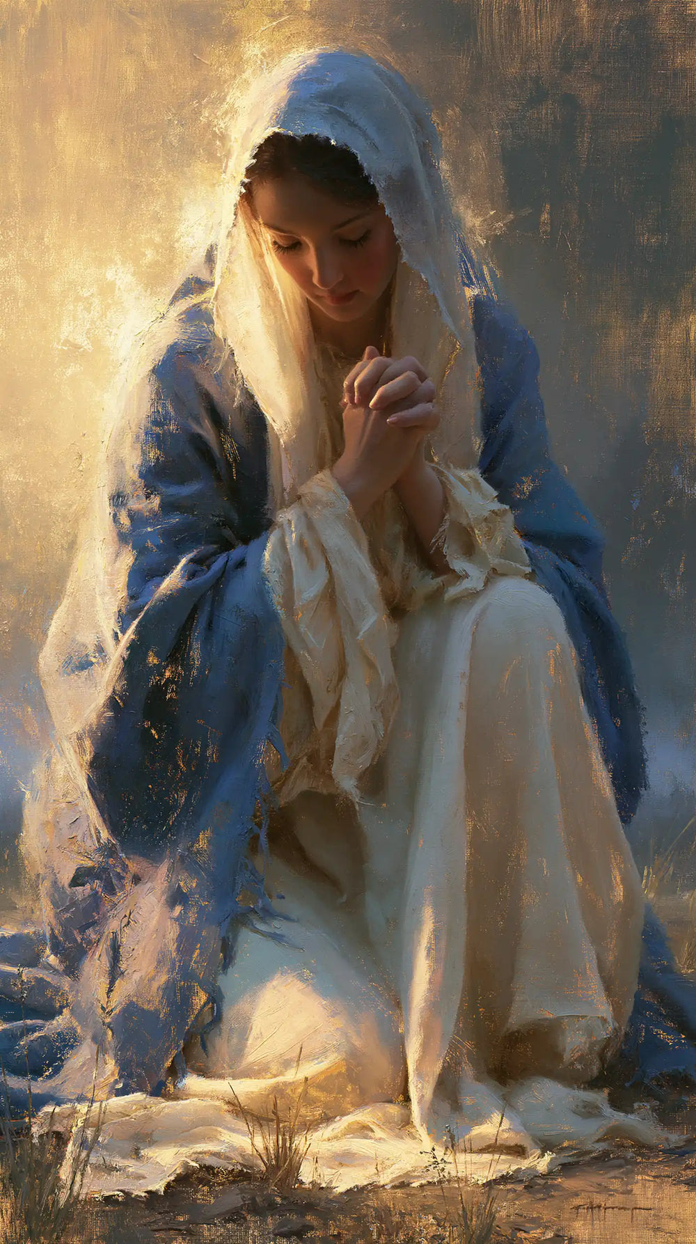 the Virgin Mary praying in a biblical-era interior in Mary in a Biblical Interior style, portrait Christian artwork no. 9