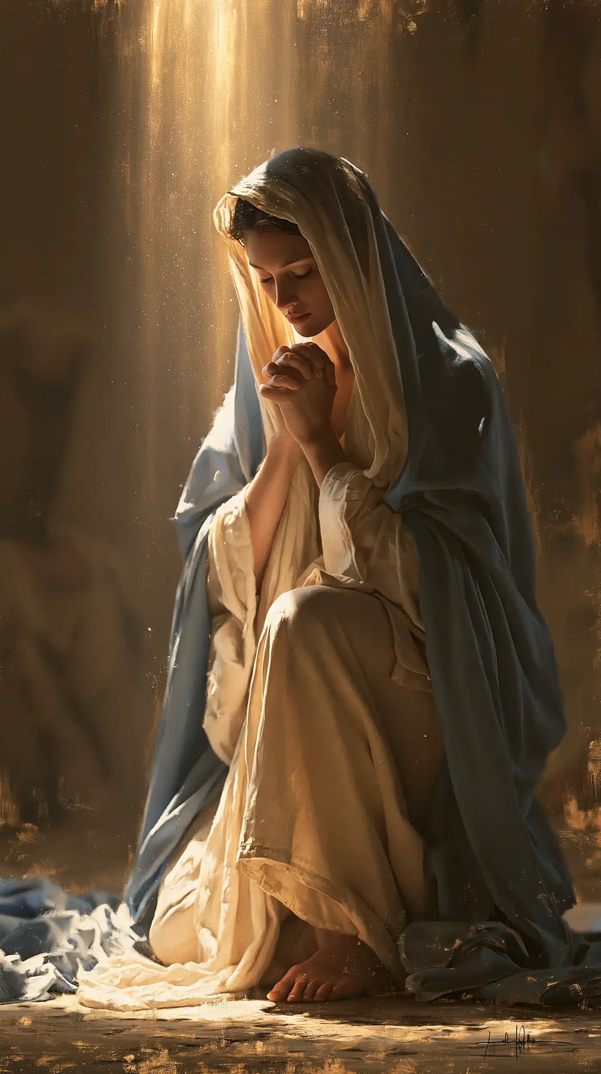 the Virgin Mary praying in a biblical-era interior in Mary in a Biblical Interior style, portrait Christian artwork no. 12