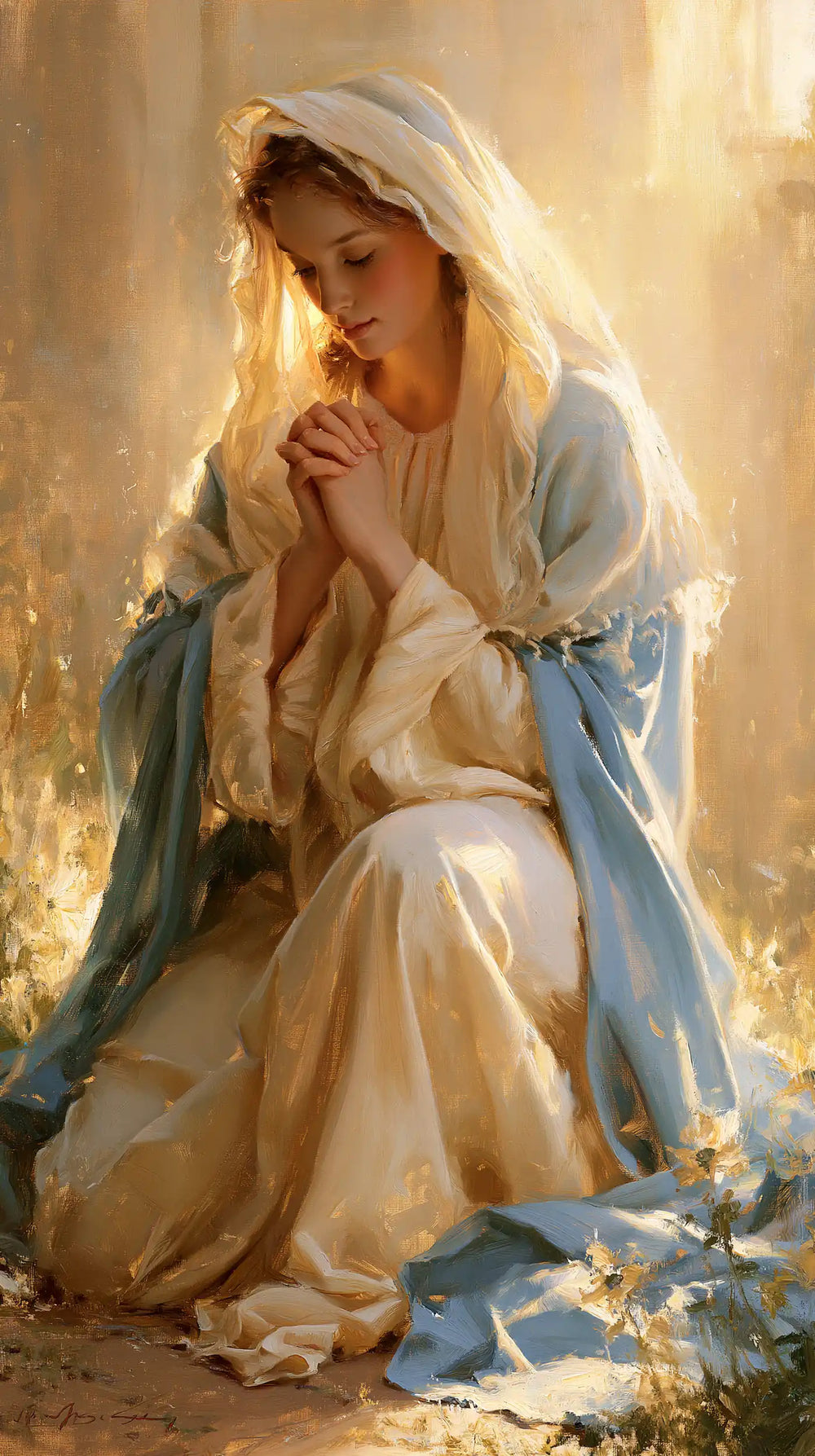 the Virgin Mary praying in a biblical-era interior in Mary in a Biblical Interior style, portrait Christian artwork no. 15