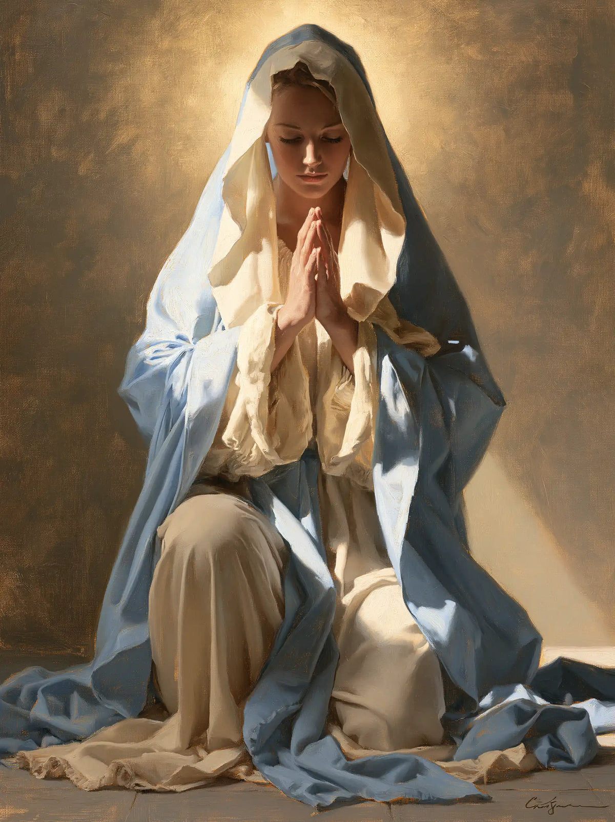 Virgin Mary in Prayer — Blue in the Triangle of Light