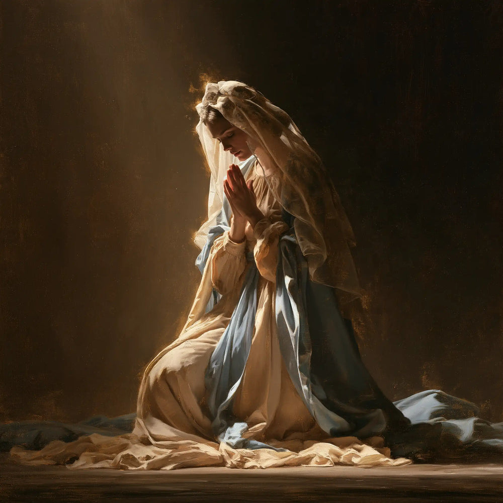 the Virgin Mary praying in a biblical-era interior in Mary in a Biblical Interior style, square Christian artwork no. 5