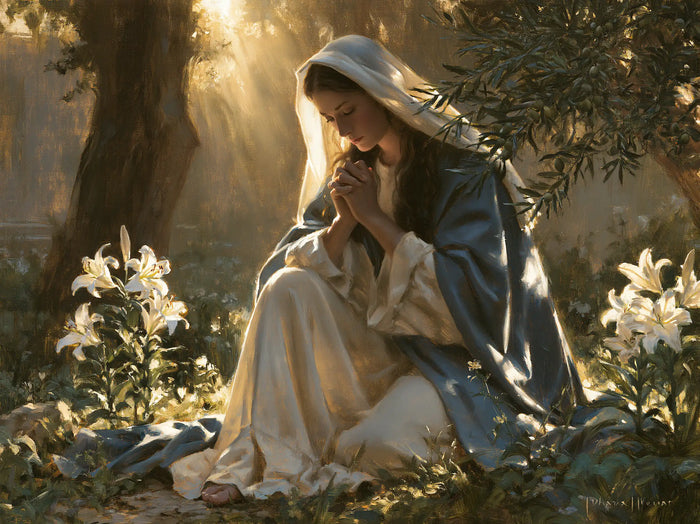 Virgin Mary in Prayer — Lilies around the Pale Knee