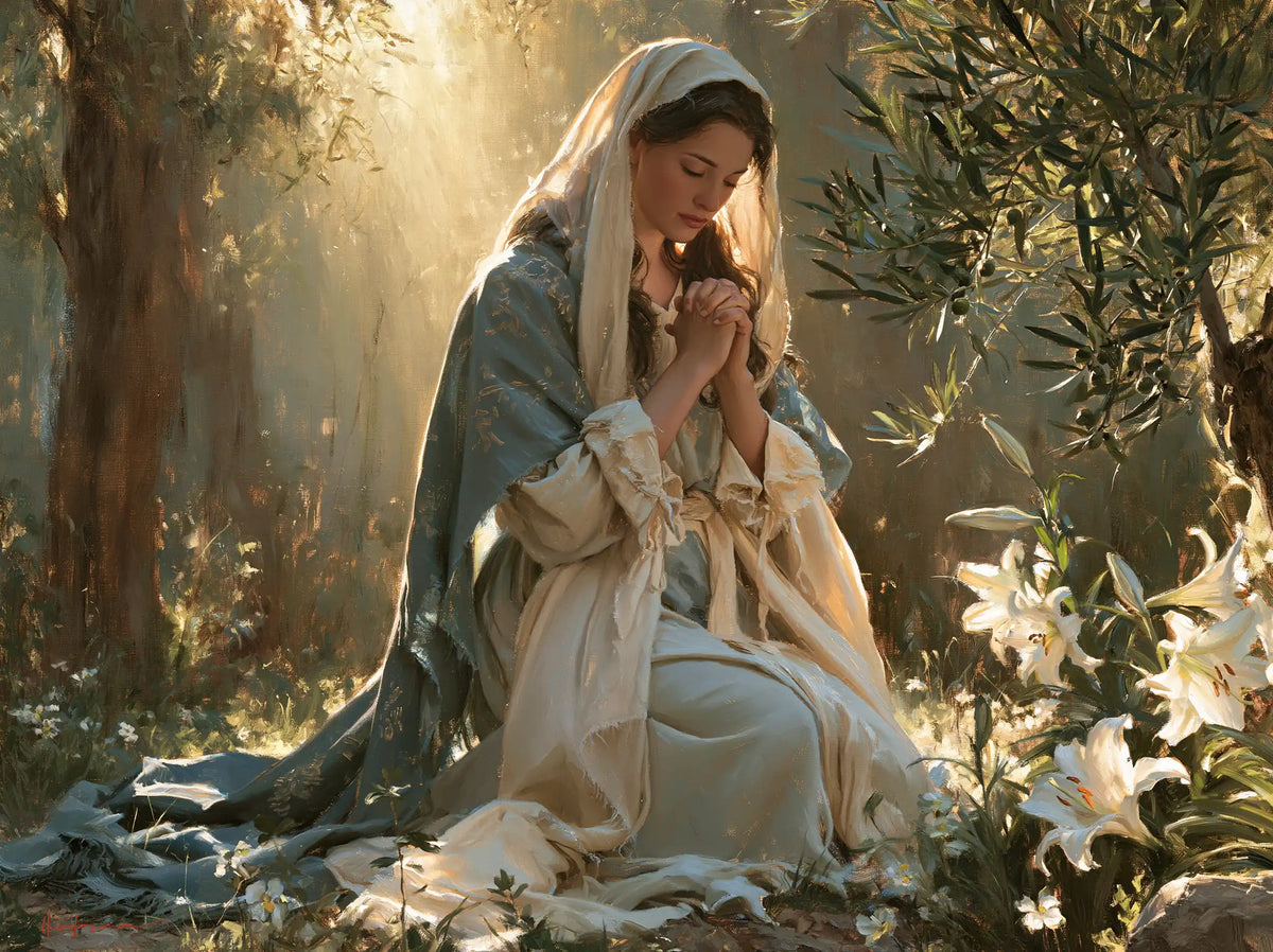the Virgin Mary praying in a sacred garden in Mary in a Sacred Garden style, landscape Christian artwork no. 2