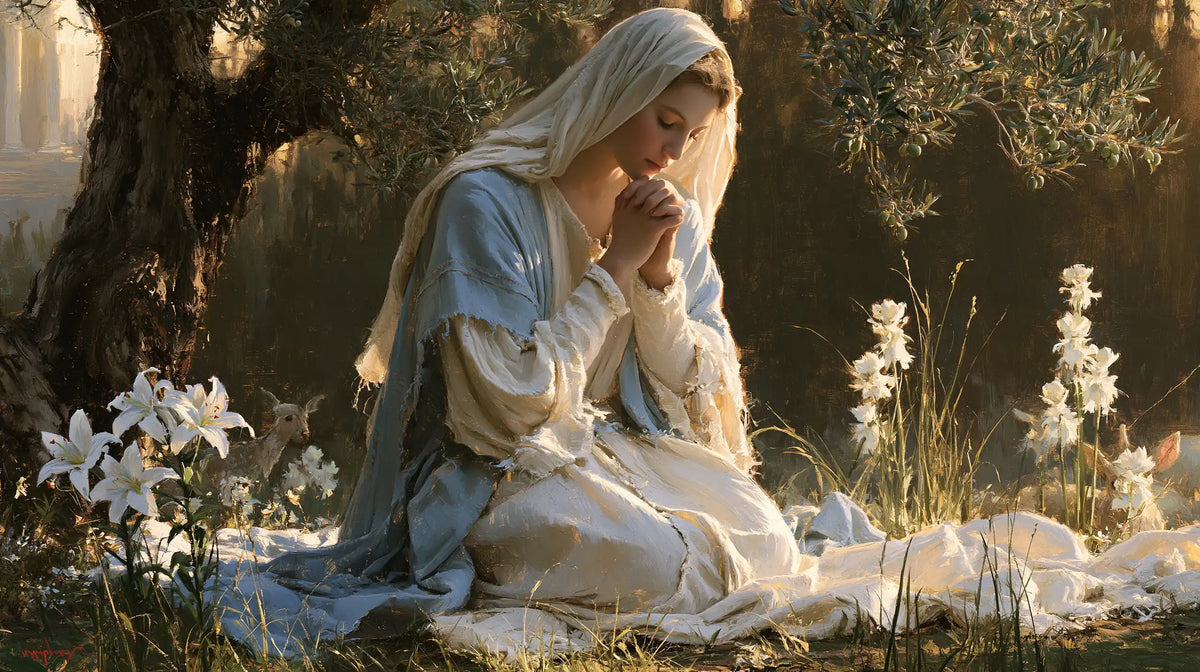 the Virgin Mary praying in a sacred garden in Mary in a Sacred Garden style, landscape Christian artwork no. 9