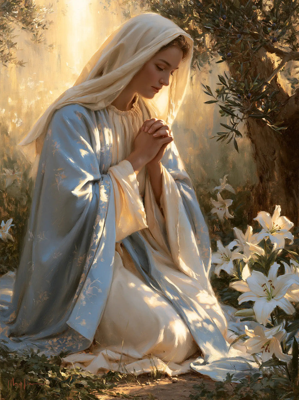 the Virgin Mary praying in a sacred garden in Mary in a Sacred Garden style, portrait Christian artwork no. 9
