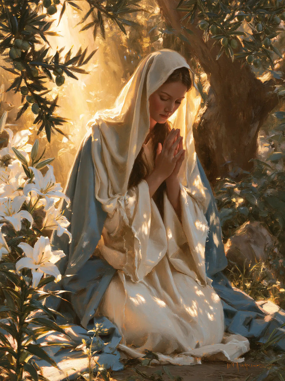 the Virgin Mary praying in a sacred garden in Mary in a Sacred Garden style, portrait Christian artwork no. 12