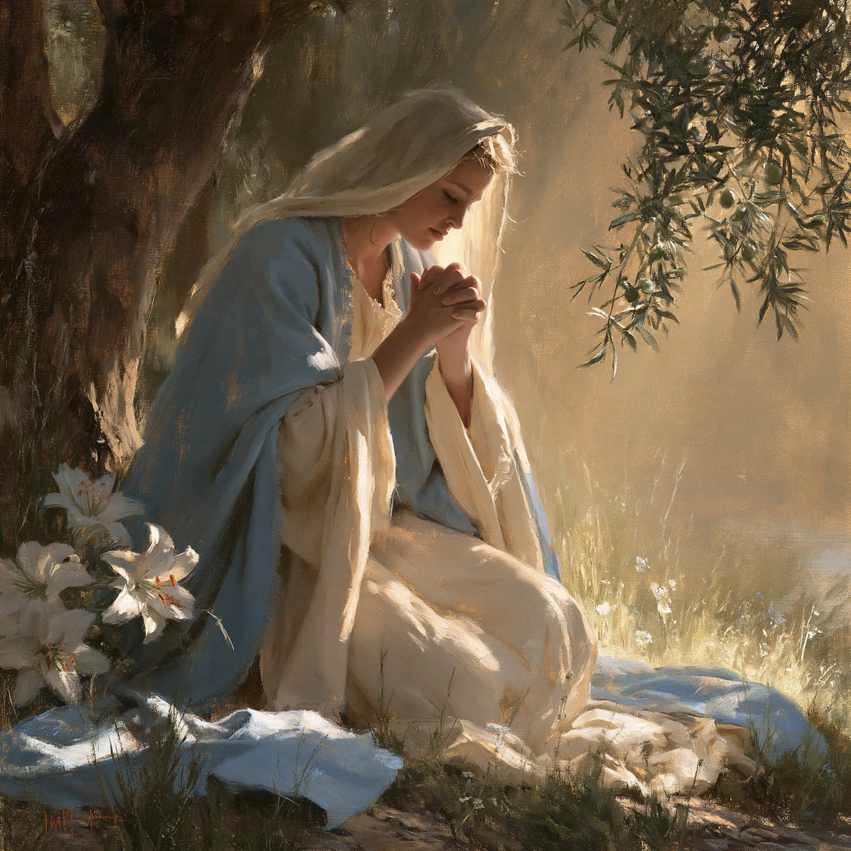 Virgin Mary in Prayer — Bowing in the Shelter of the Tree