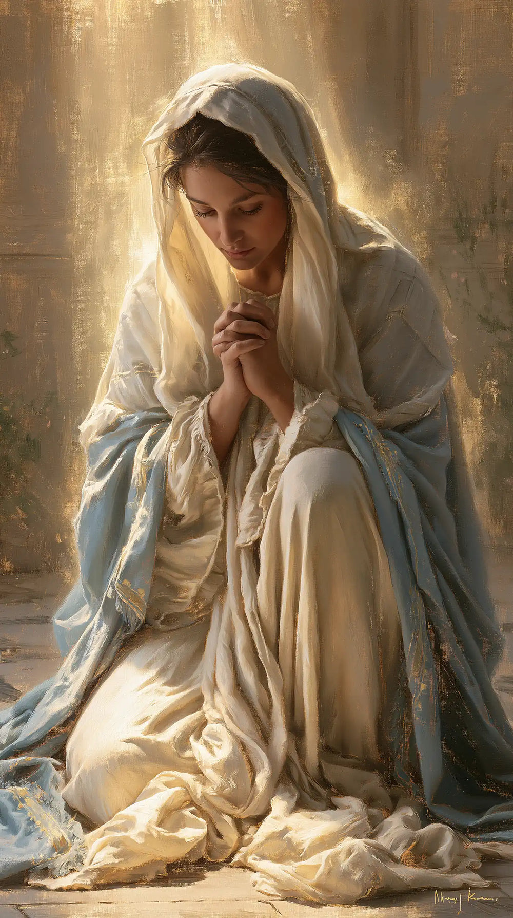 the Virgin Mary illuminated during prayer in Mary in Divine Light style, portrait Christian artwork no. 2