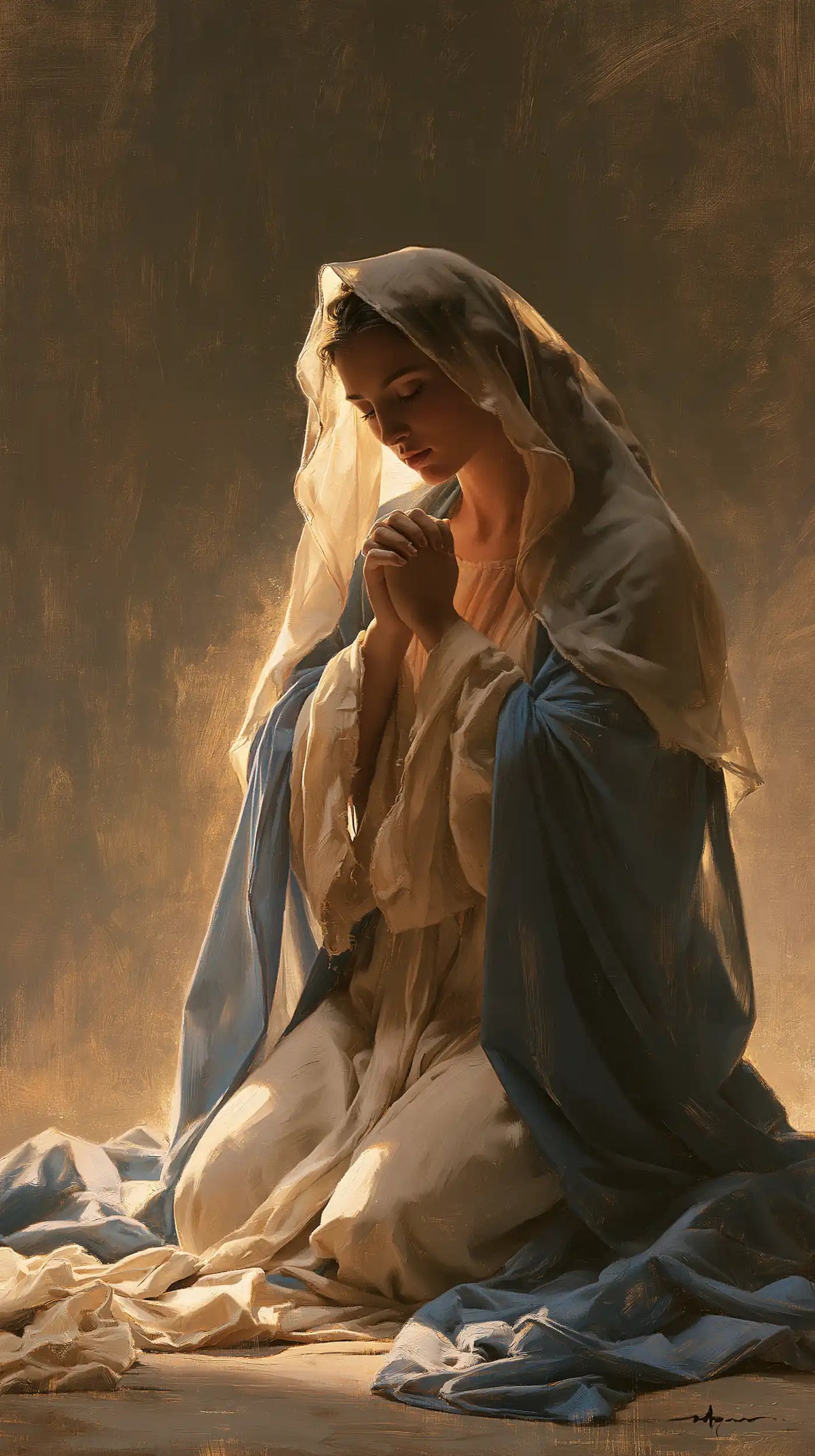 the Virgin Mary illuminated during prayer in Mary in Divine Light style, portrait Christian artwork no. 6