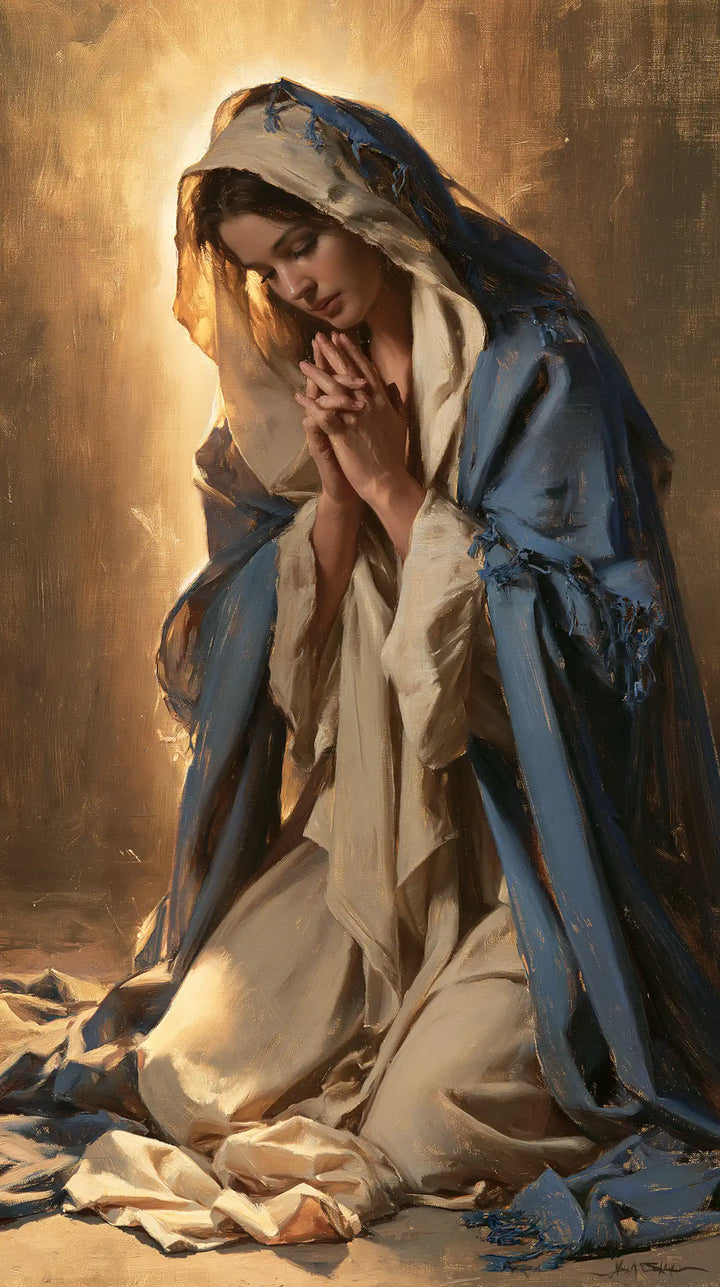 Virgin Mary in Prayer — Bowing beneath the Indigo Veil