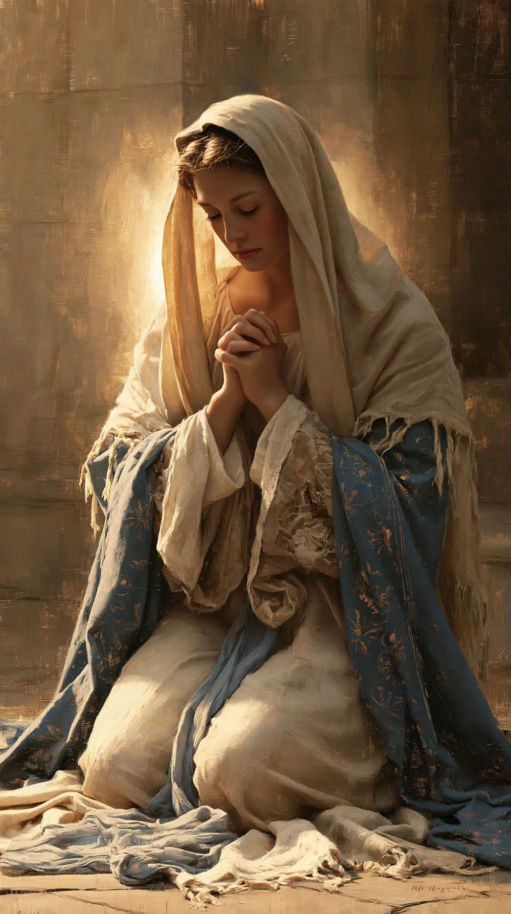 the Virgin Mary illuminated during prayer in Mary in Divine Light style, portrait Christian artwork no. 8