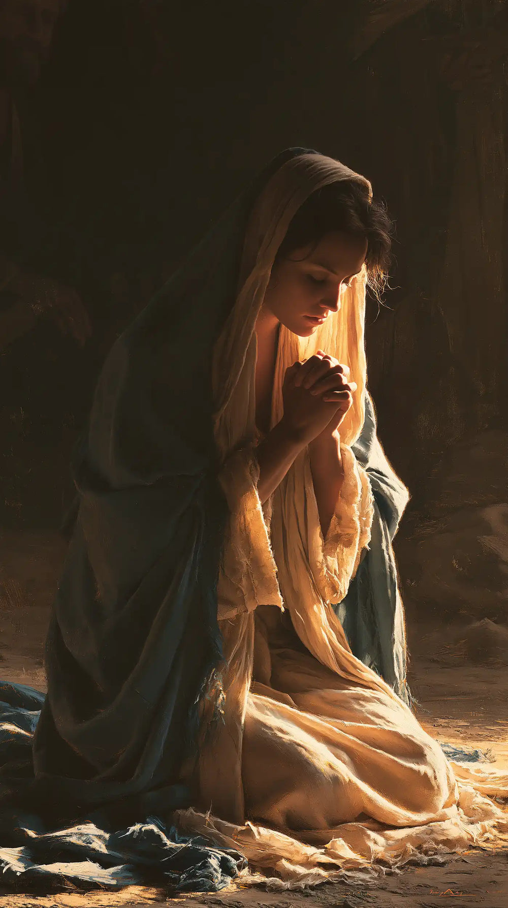 the Virgin Mary illuminated during prayer in Mary in Divine Light style, portrait Christian artwork no. 15