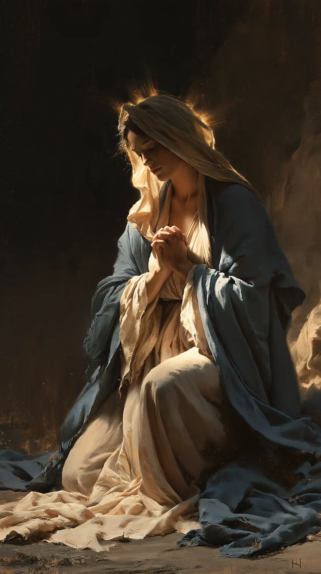 Virgin Mary in Prayer — Dark Blue at the Edge of Light
