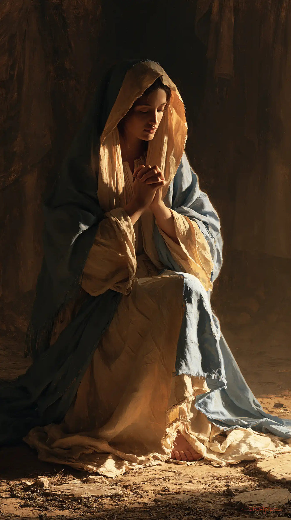 the Virgin Mary illuminated during prayer in Mary in Divine Light style, portrait Christian artwork no. 21