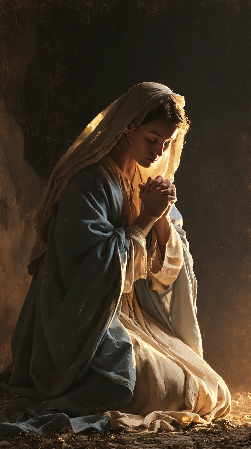 the Virgin Mary illuminated during prayer in Mary in Divine Light style, portrait Christian artwork no. 22
