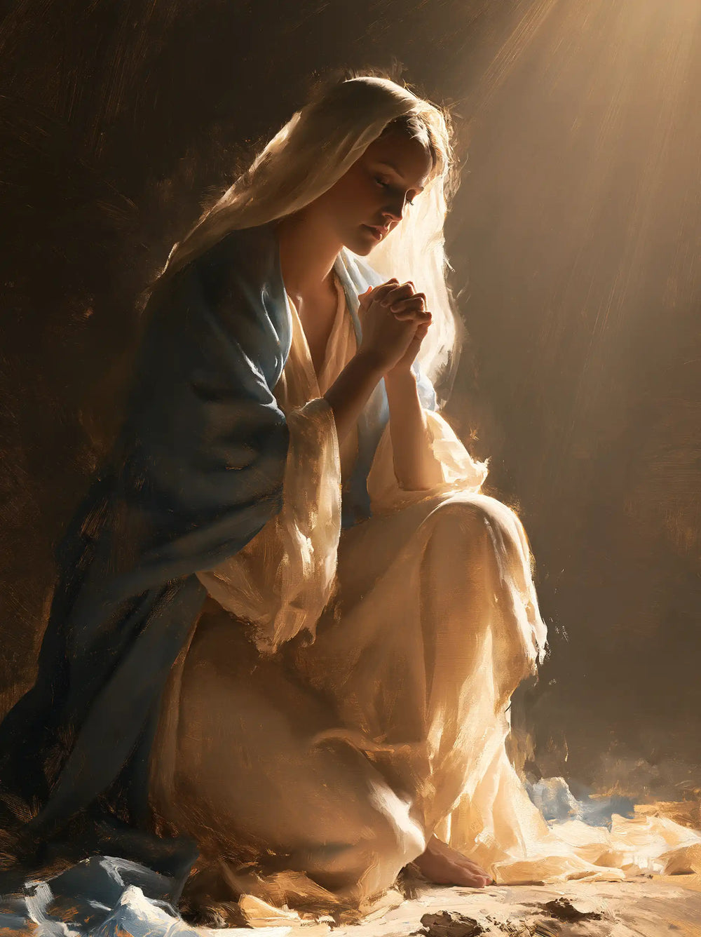 the Virgin Mary illuminated during prayer in Mary in Divine Light style, portrait Christian artwork no. 25