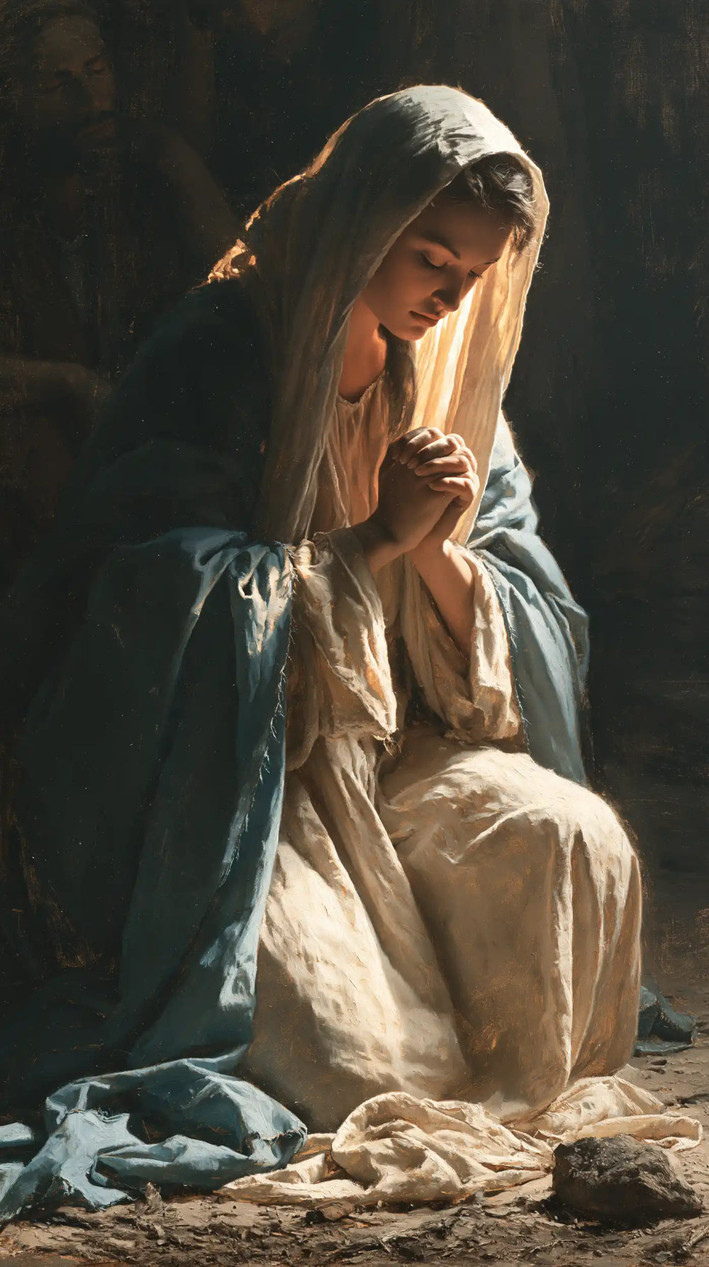 the Virgin Mary illuminated during prayer in Mary in Divine Light style, portrait Christian artwork no. 28