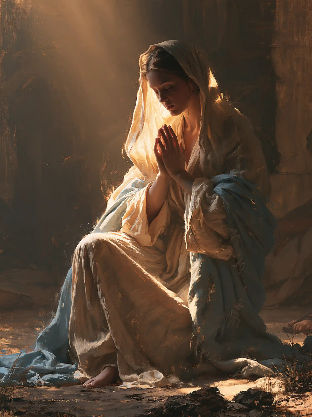 the Virgin Mary illuminated during prayer in Mary in Divine Light style, portrait Christian artwork no. 29