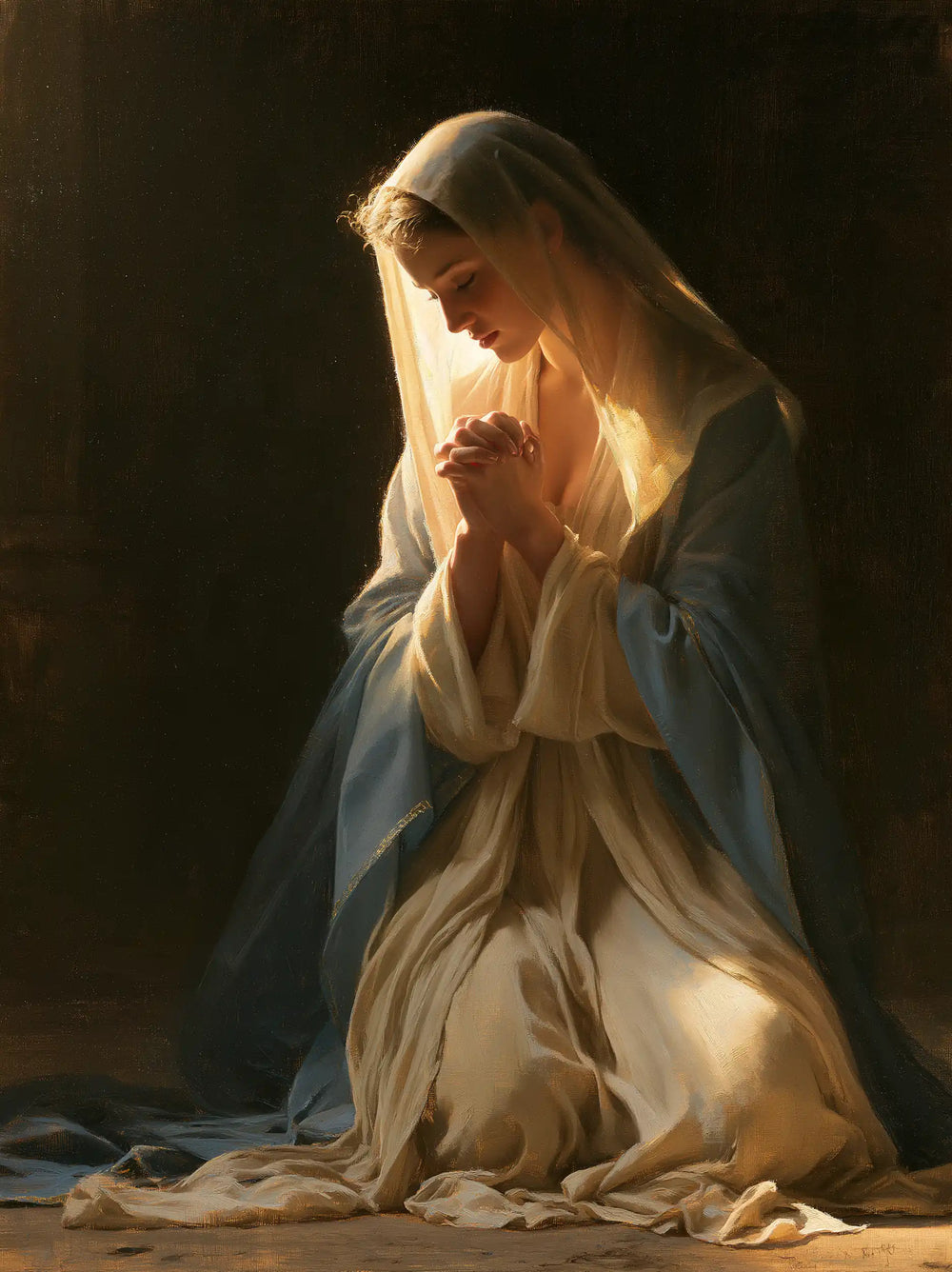 the Virgin Mary illuminated during prayer in Mary in Divine Light style, portrait Christian artwork no. 30