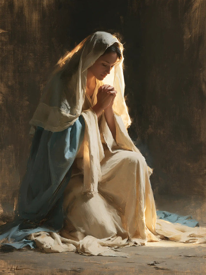 Virgin Mary in Prayer — Linen beside the Lit Cheek