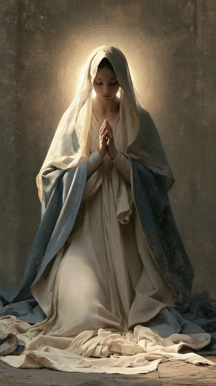 Virgin Mary in Prayer — Presence in the Pale Halo