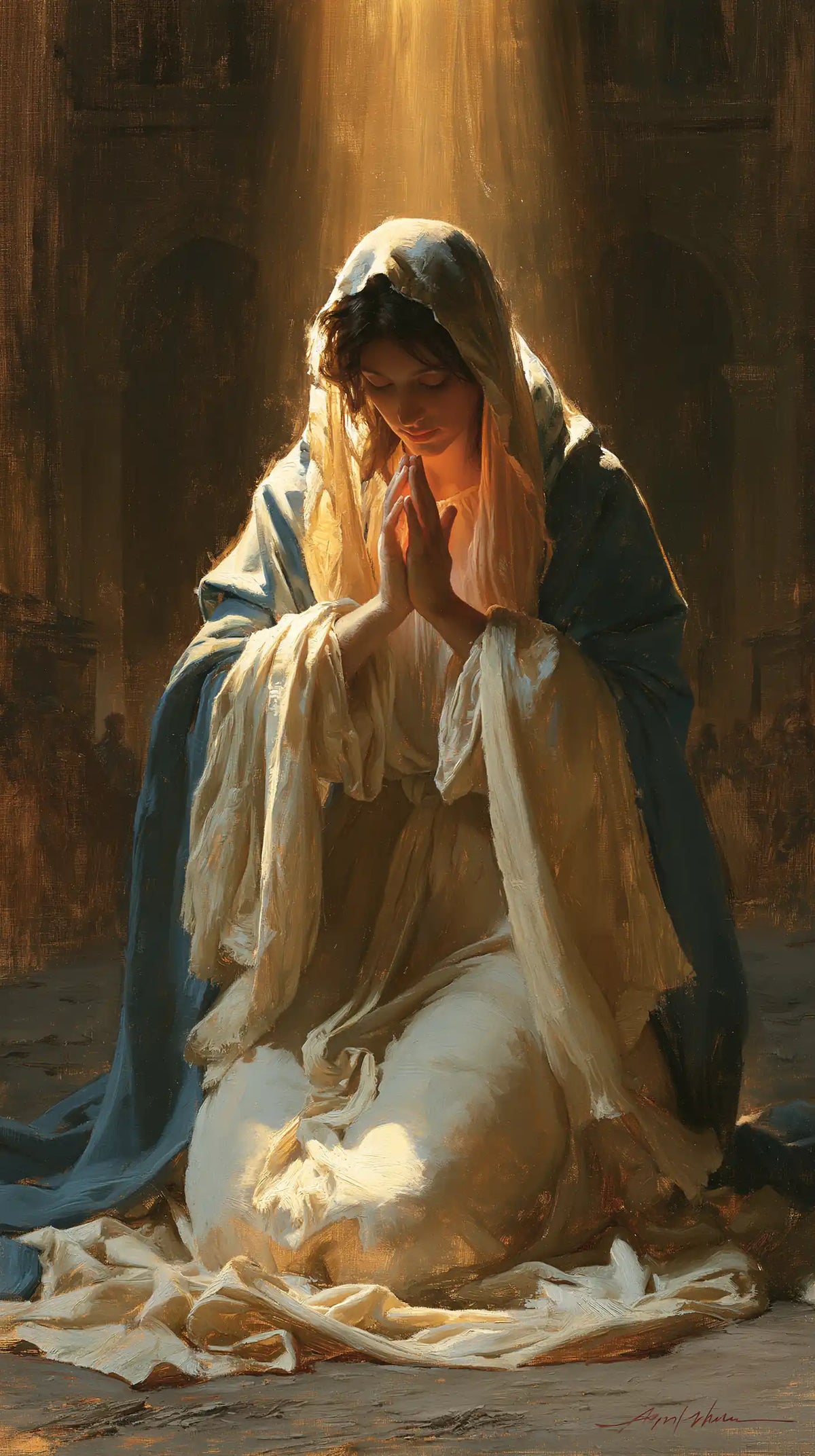 Virgin Mary in Prayer — Palms in the Amber Halo