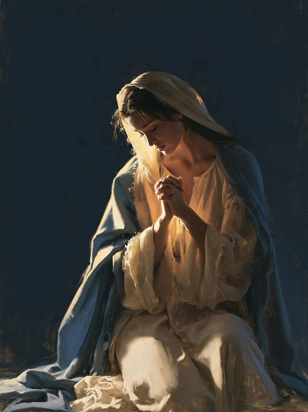 the Virgin Mary in prayer in Midnight Blue Chiaroscuro style, portrait Christian artwork no. 11