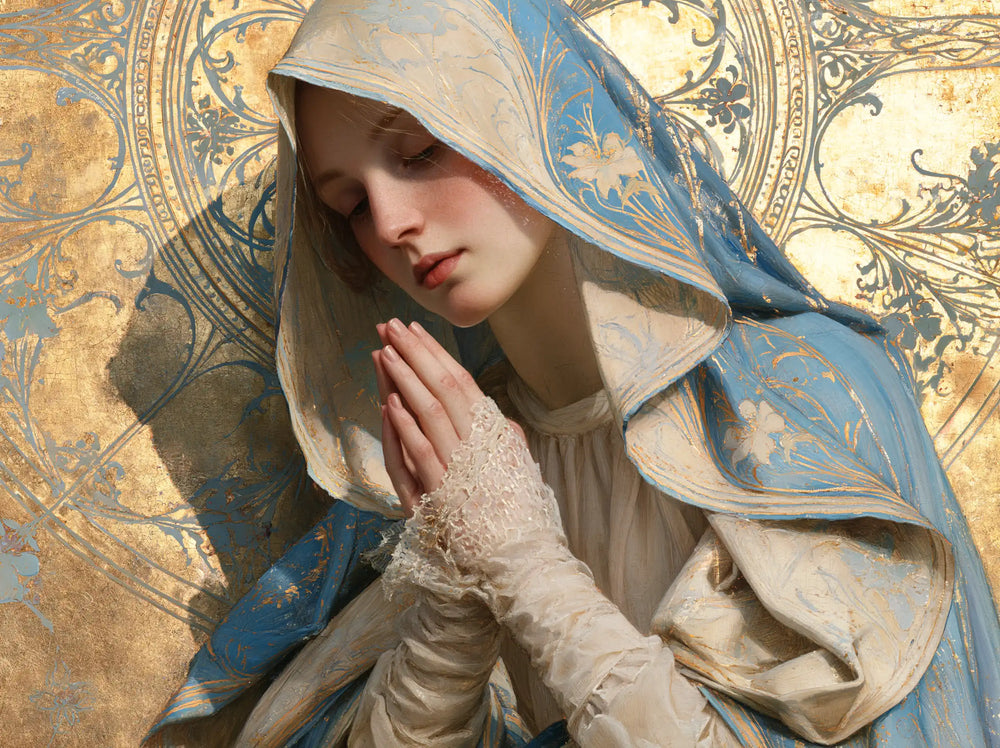 the Virgin Mary in prayer in Sacred Art Nouveau style, landscape Christian artwork no. 2