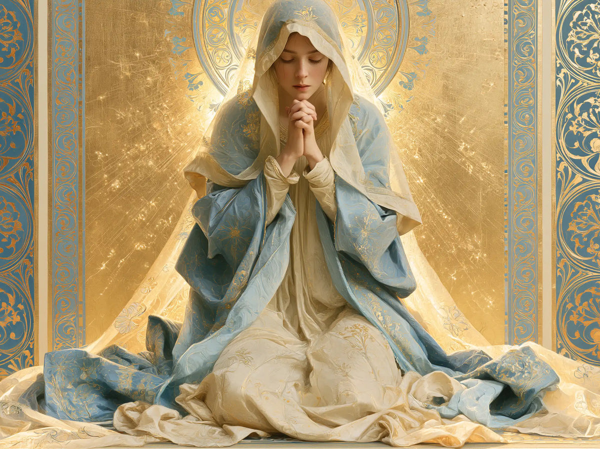 the Virgin Mary in prayer in Sacred Art Nouveau style, landscape Christian artwork no. 6