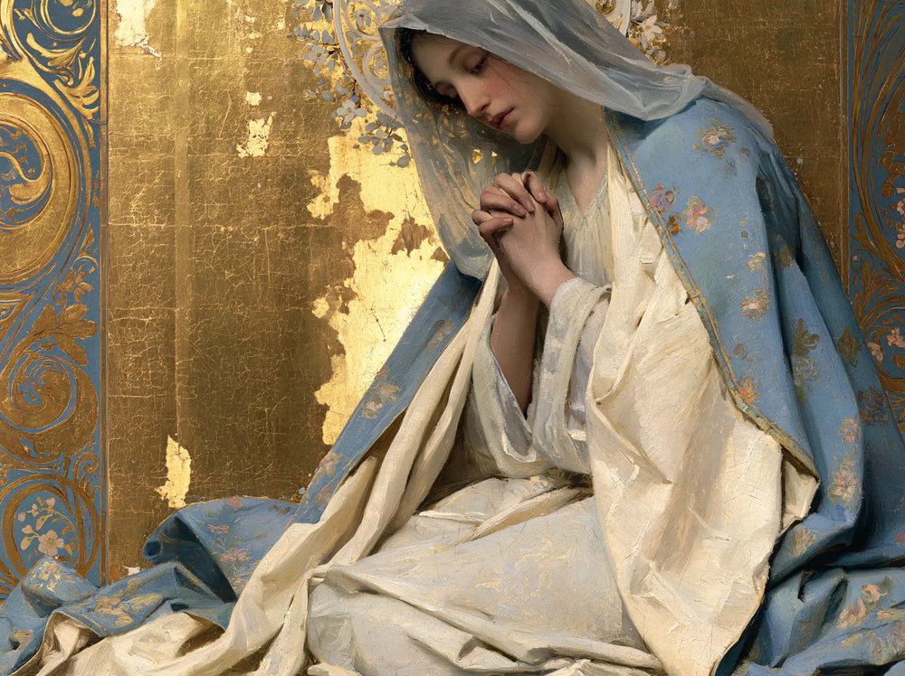the Virgin Mary in prayer in Sacred Art Nouveau style, landscape Christian artwork no. 9