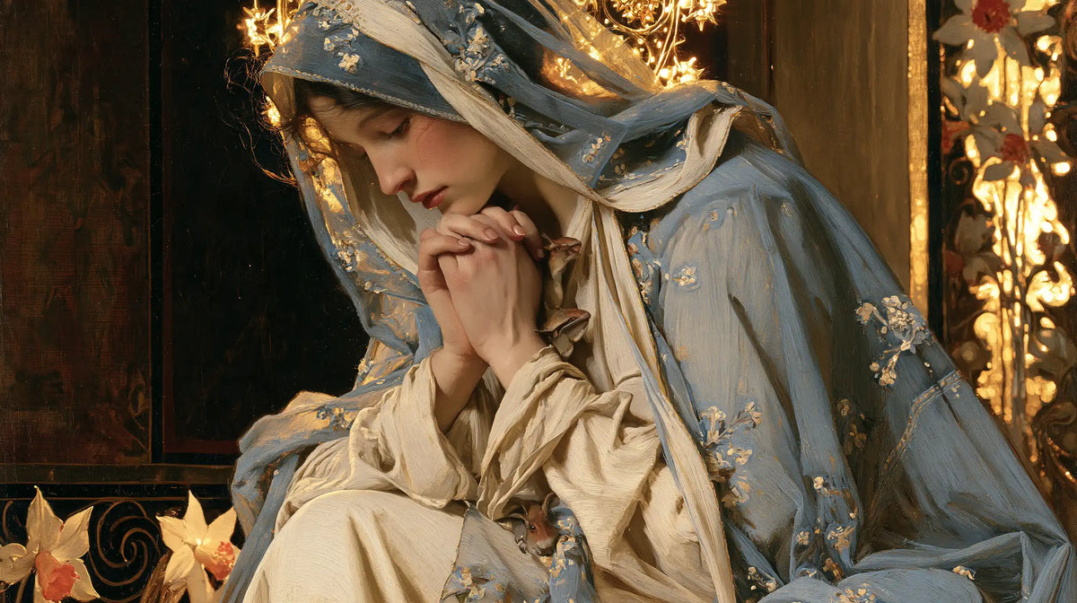 the Virgin Mary in prayer in Sacred Art Nouveau style, landscape Christian artwork no. 11