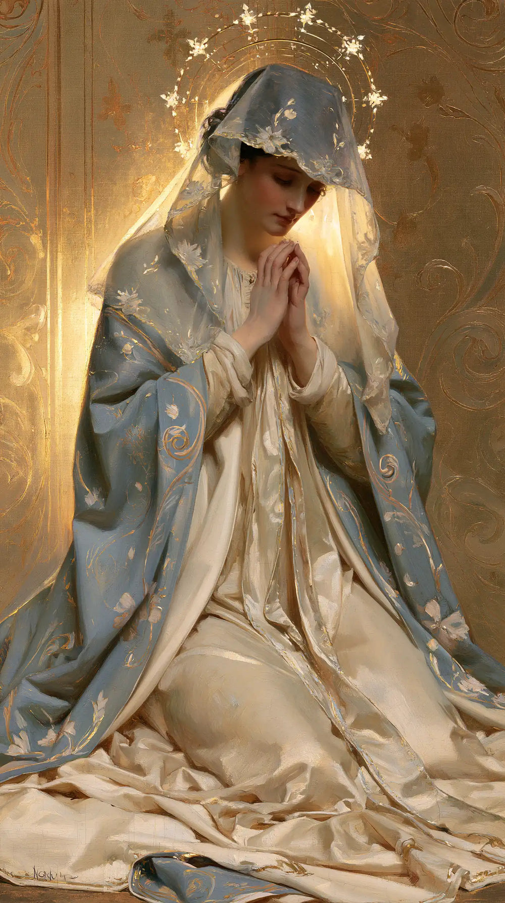 the Virgin Mary in prayer in Sacred Art Nouveau style, portrait Christian artwork no. 5