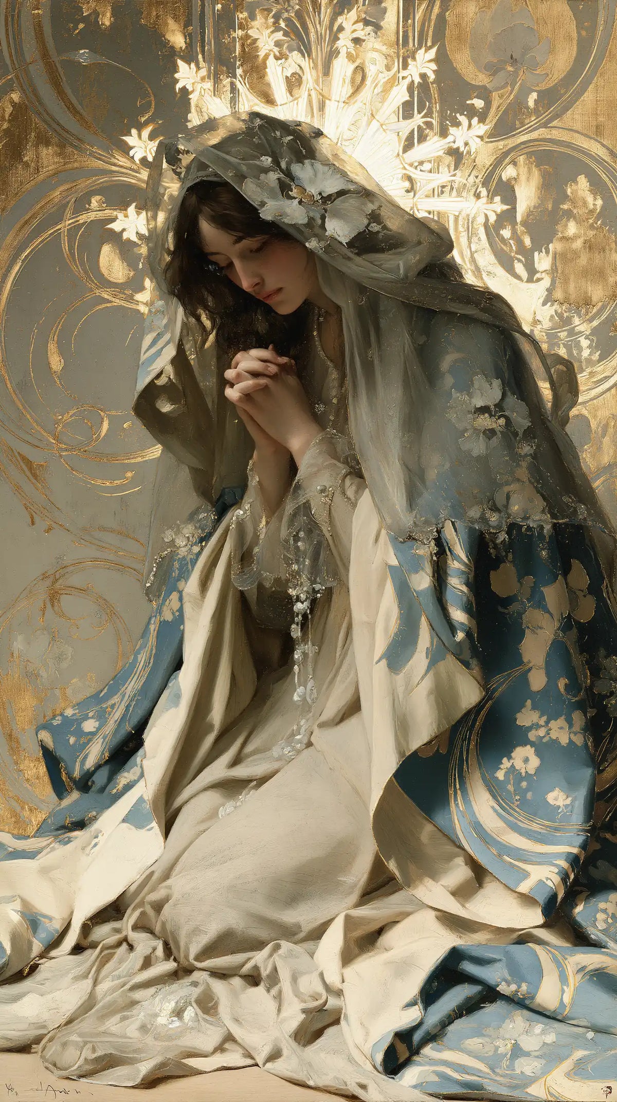the Virgin Mary in prayer in Sacred Art Nouveau style, portrait Christian artwork no. 6