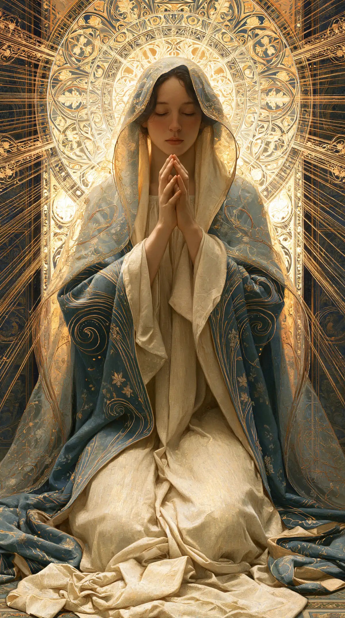the Virgin Mary in prayer in Sacred Art Nouveau style, portrait Christian artwork no. 9