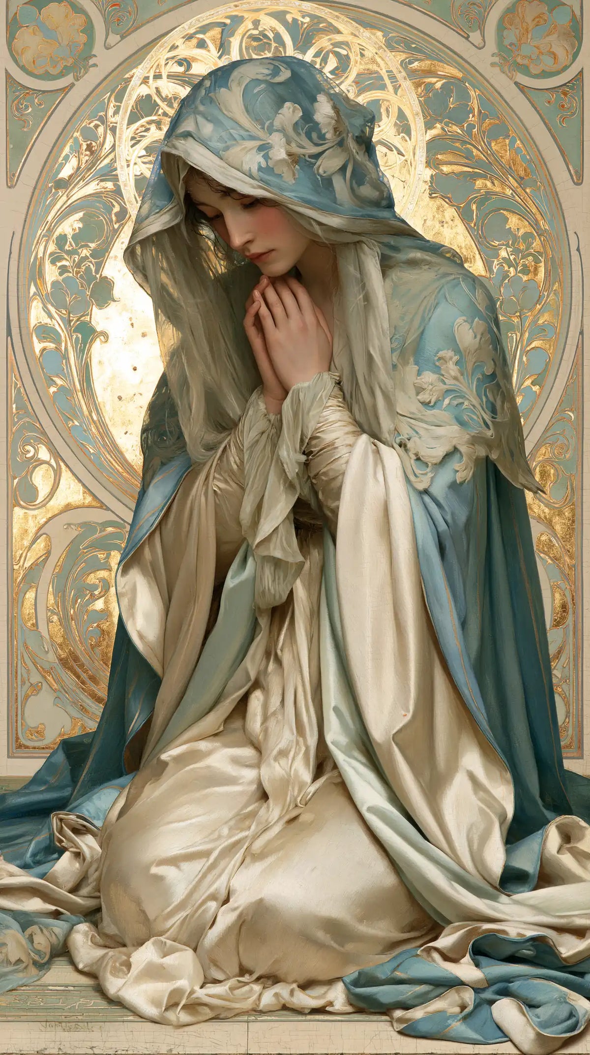 the Virgin Mary in prayer in Sacred Art Nouveau style, portrait Christian artwork no. 20