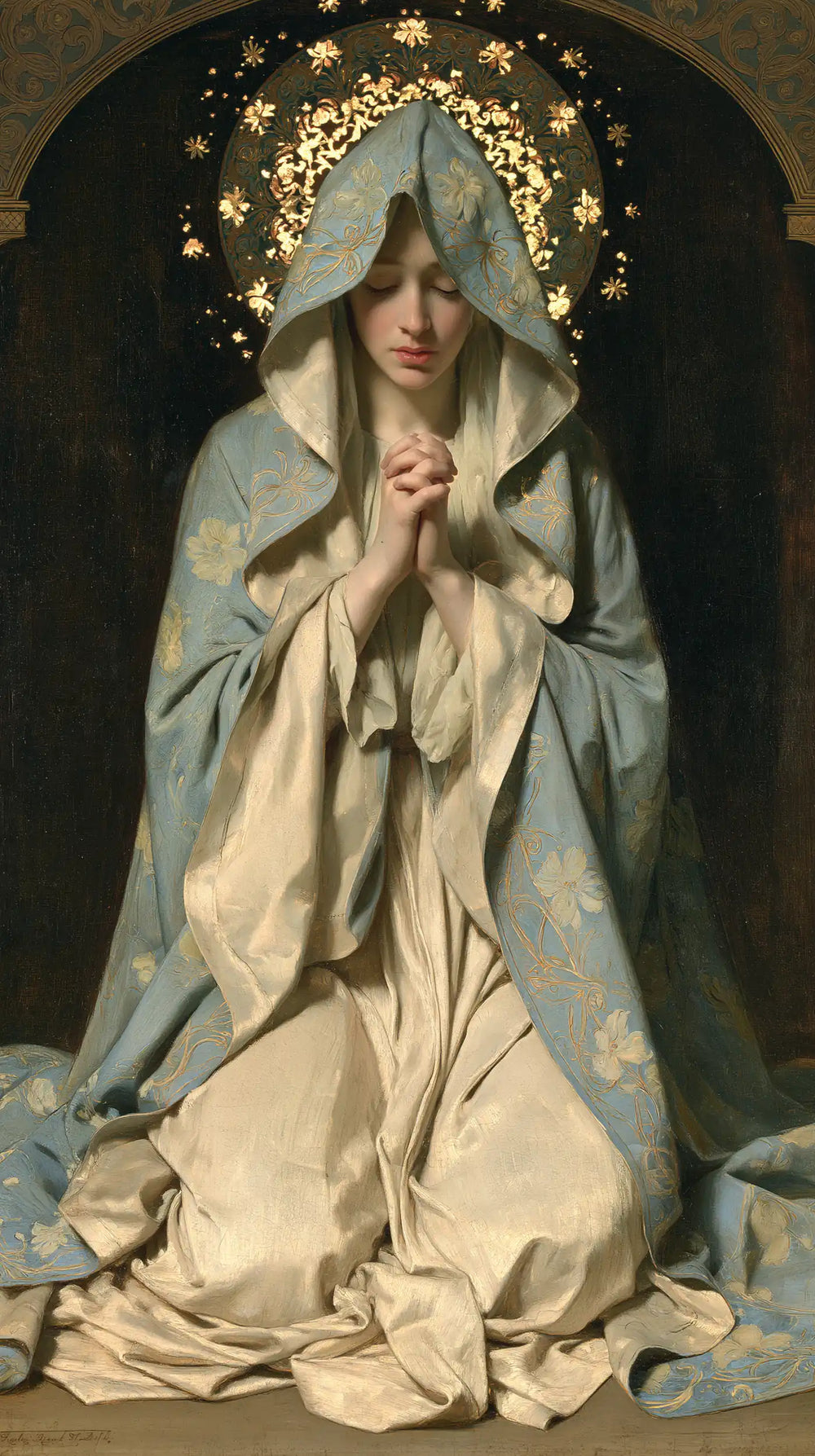 the Virgin Mary in prayer in Sacred Art Nouveau style, portrait Christian artwork no. 22