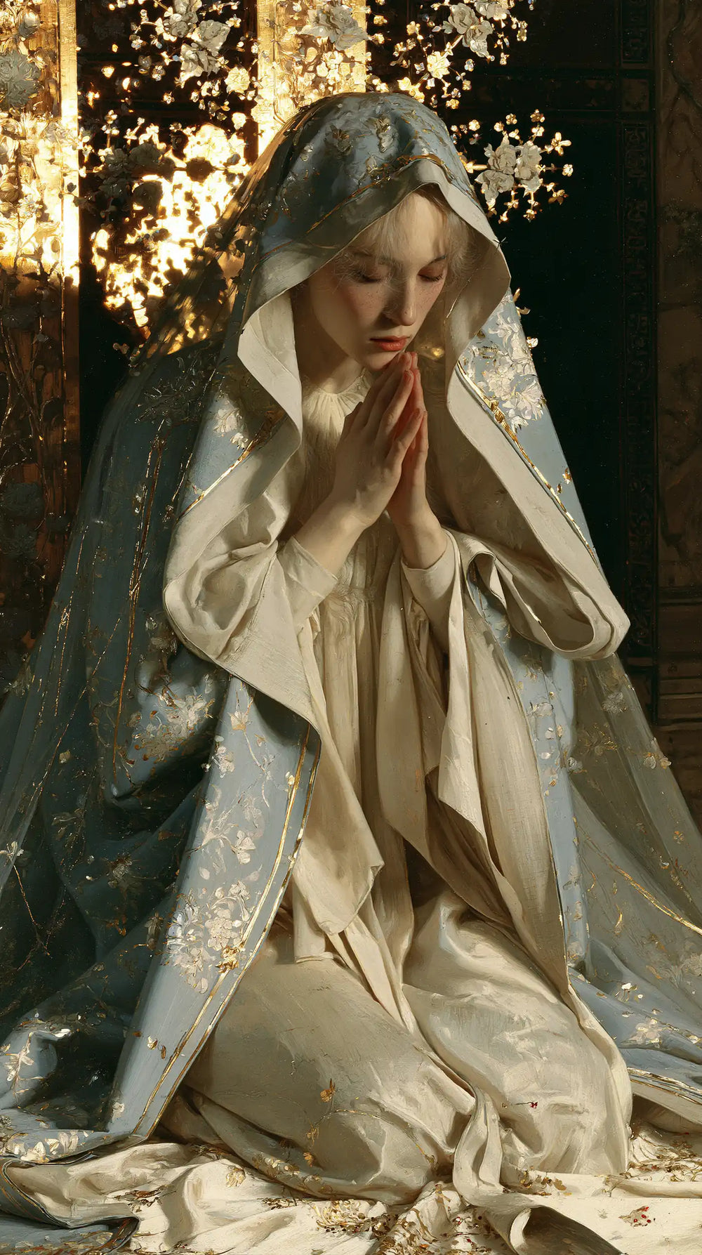 the Virgin Mary in prayer in Sacred Art Nouveau style, portrait Christian artwork no. 25