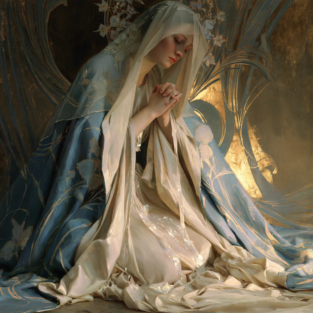 the Virgin Mary in prayer in Sacred Art Nouveau style, square Christian artwork no. 4