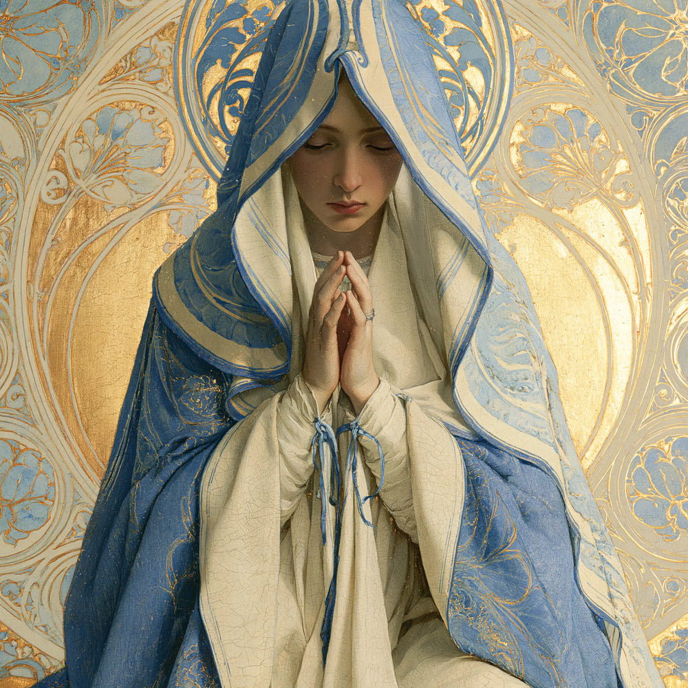 the Virgin Mary in prayer in Sacred Art Nouveau style, square Christian artwork no. 6