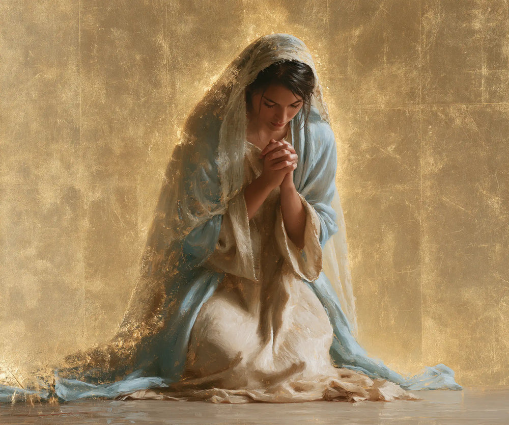 the Virgin Mary in prayer in Sacred Gold style, landscape Christian artwork no. 1