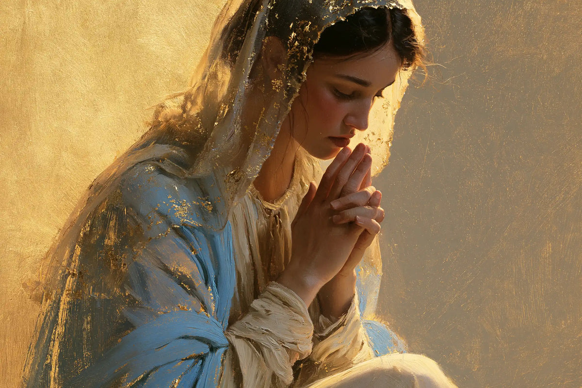 Virgin Mary in Prayer — Fingers Raised in the Light